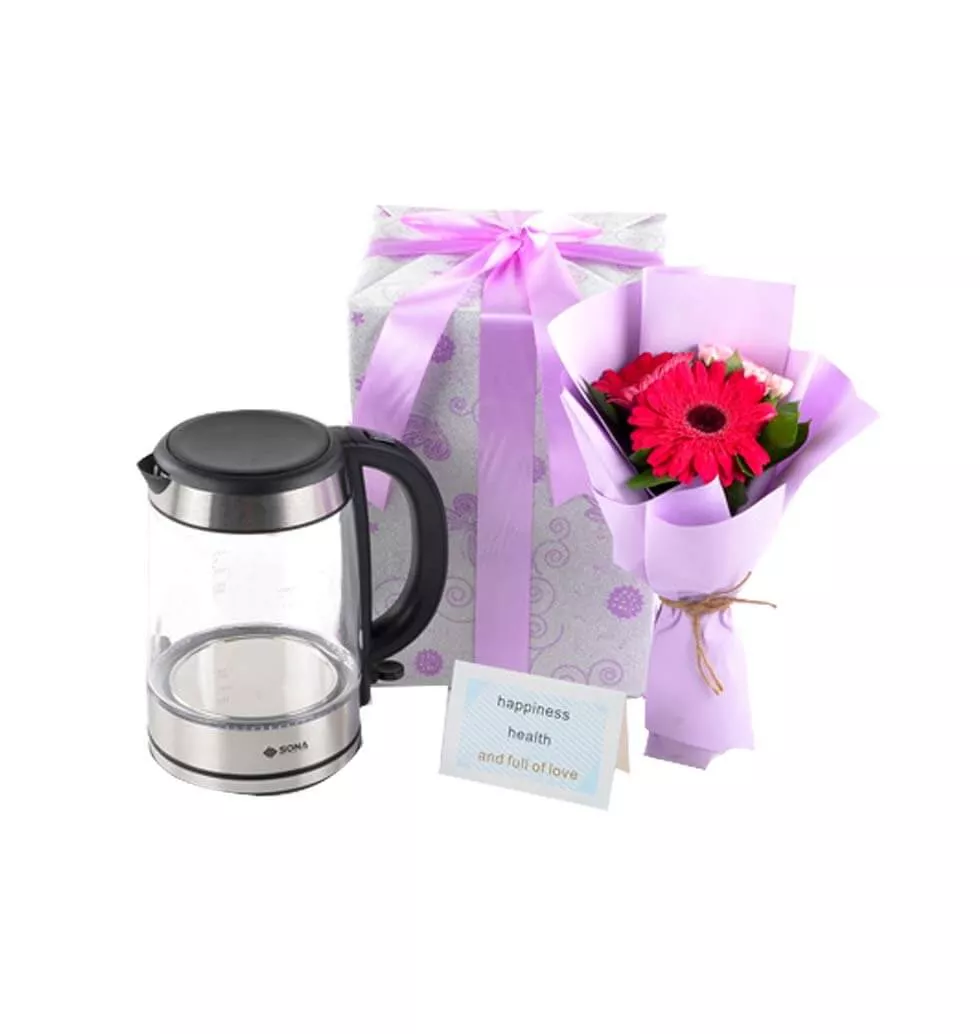 Glass Kettle With Gerberas
